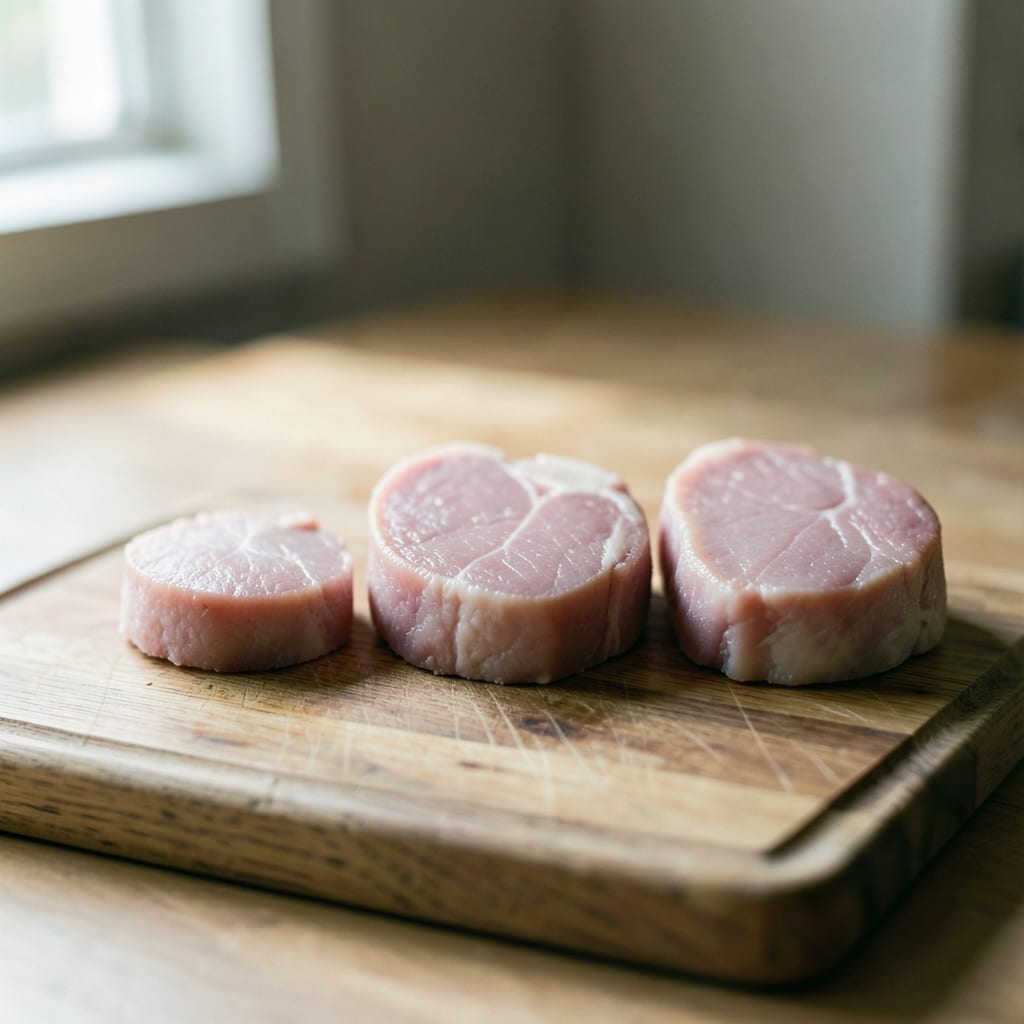 Three chops of different thickness, ready to be tested